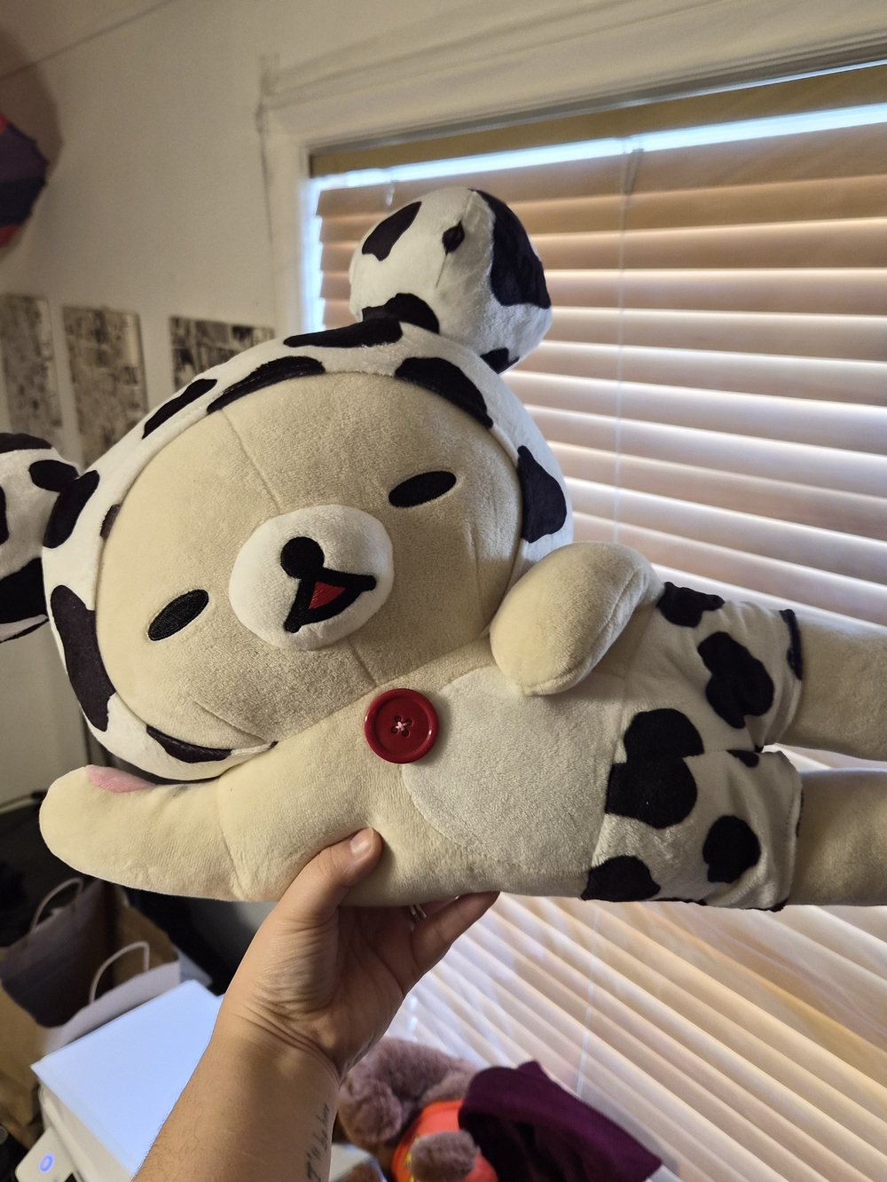 Cow Print Bear Plush with Red Button